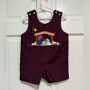 12M JonJon Shortalls Christmas Nativity Scene Red Outfit Appliqué Embroidered